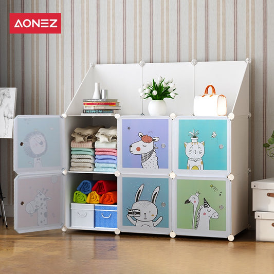 【COD】AONEZ lemari plastik lemari pakaian anak wardrobe 6 muka 6 slot Dengan pagar plastik