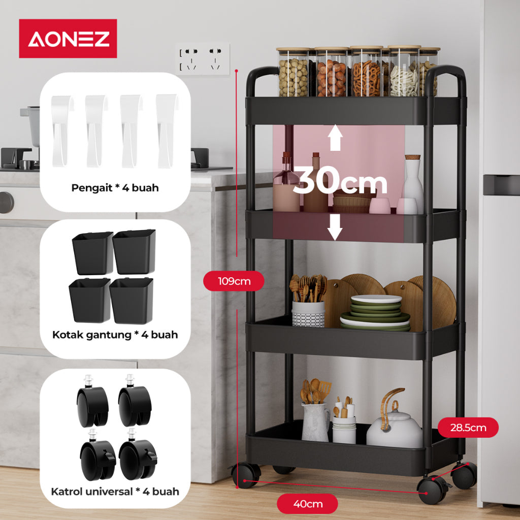 【COD】AONEZ Rak Troli 4 Susun Serbaguna Rak Dapur Rak Salon Rak Kamar Mandi dengan Roda dan Pegangan Tempat Penyimpanan