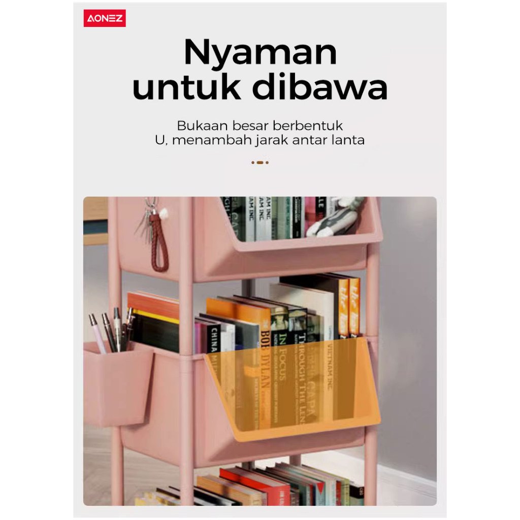 【COD】AONEZ Susun Serbaguna Tempat Rak Buku Anak Lemari Buku Plastik Rak Portable Roda Rak Mainan Rak Roda Toy Storage Rak Susun Tempat